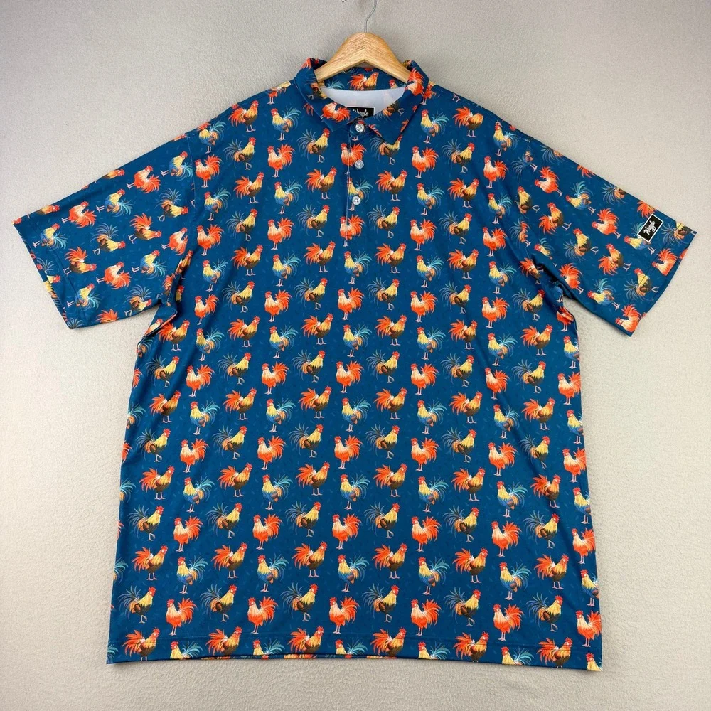 Waggle Maui Golf Polo Shirt Mens 2XL Blue Rooster Print Performance - Picture 3 of 10